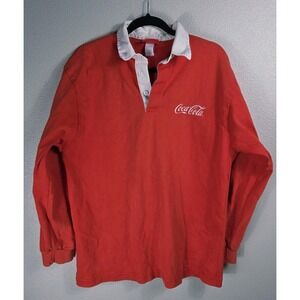 Vintage Coca Cola Rugby Shirt Red White Collar Long Sleeve Logo Size L